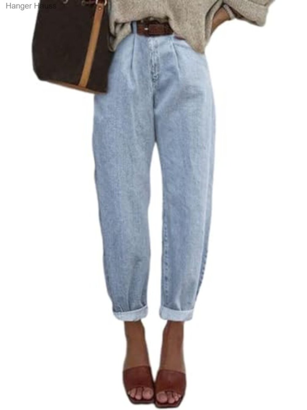 High Waisted Baggy Boyfriend Barrel Jeans Stretch Denim Tapered Leg